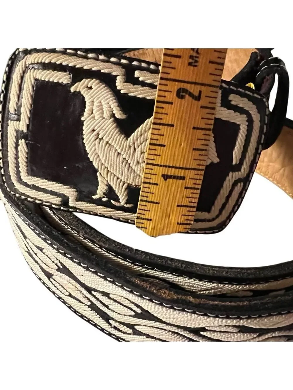 Vintage Rooster Belt Embroidered Buckle Leather Rockabilly Black White XL